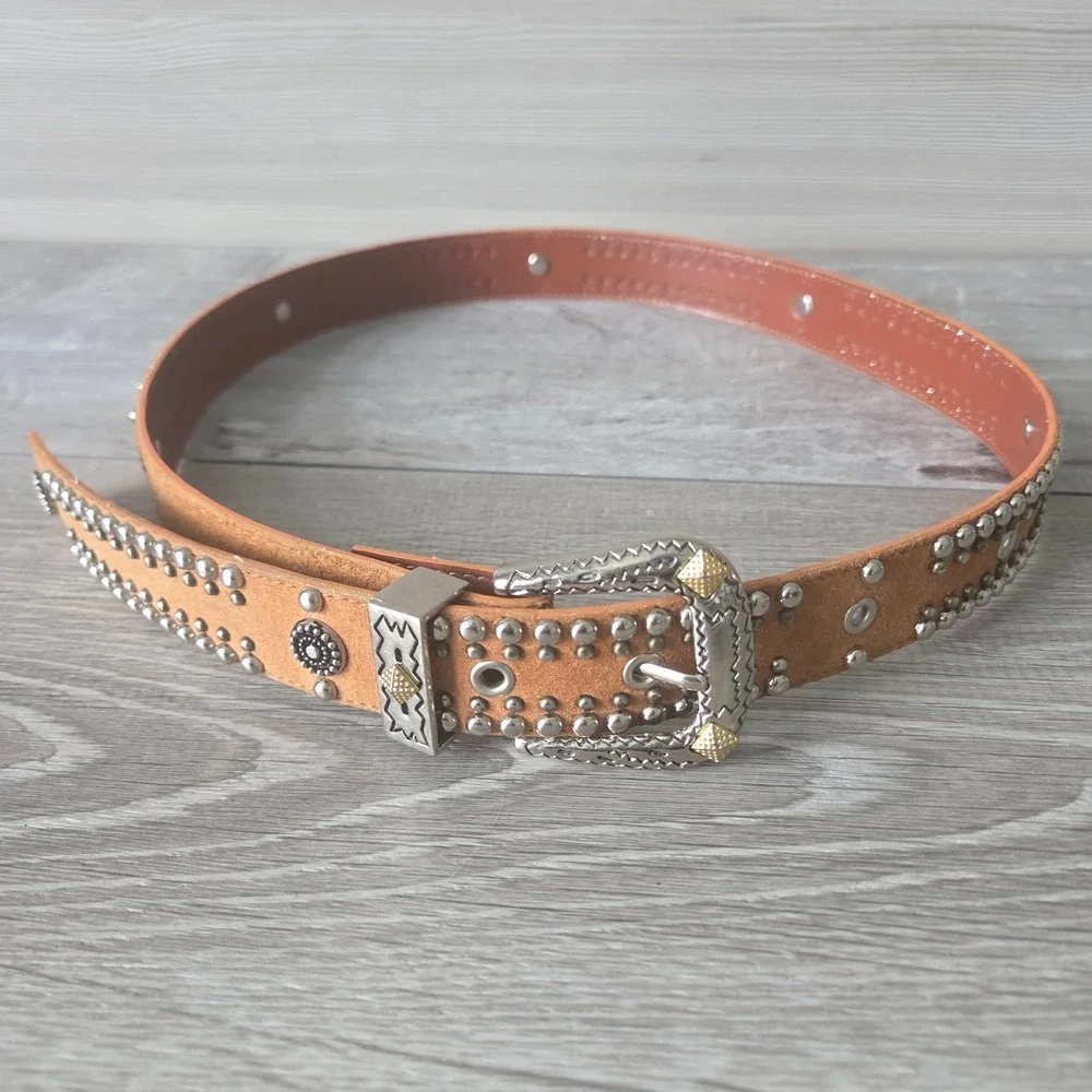 Jana Leather Belt Western Studded Vtg Tan Women Large Brown Silver Gold Concho